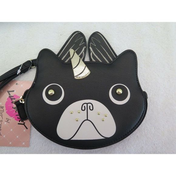 LUV BETSEY Black Frenchie Bulldog Unicorn LBTITAN Coin Purse Wristlet With Wings - Picture 7 of 9